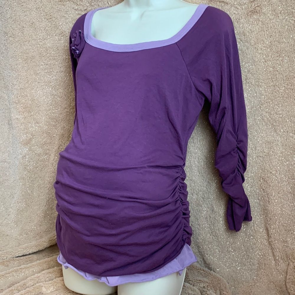 Motherhood Maternity Ruched Tunic 3/4 Sleeve Top Shirt M Purple